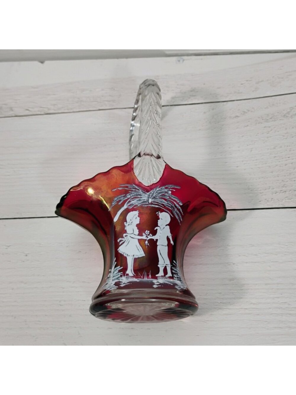 Westmoreland Mary Gregory Style Cranberry Red Glass Basket w/Sticker 7"